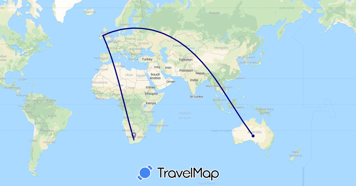 TravelMap itinerary: driving in Australia, Ireland, South Africa (Africa, Europe, Oceania)